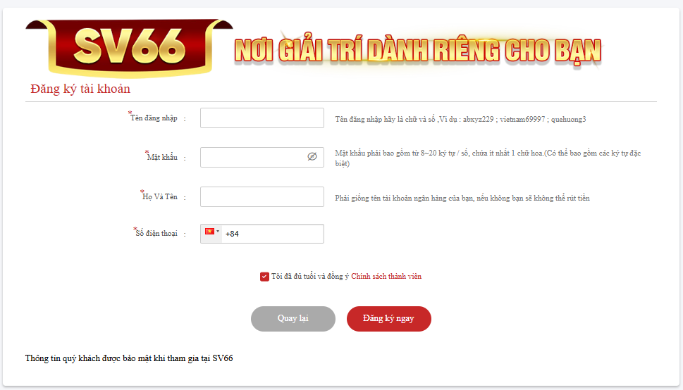 Đăng ký SV66 - Thao tác tạo tài khoản chỉ trong một nốt nhạc 8 Người chơi điền thông tin để đăng ký tài khoản SV66